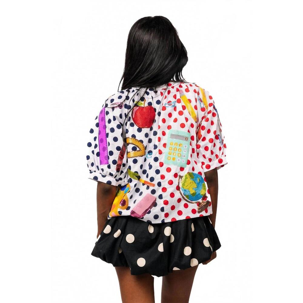 NEW QUEEN OF SPARKLES colorblock polka dot teacher icon button up top in multico - Picture 3 of 4